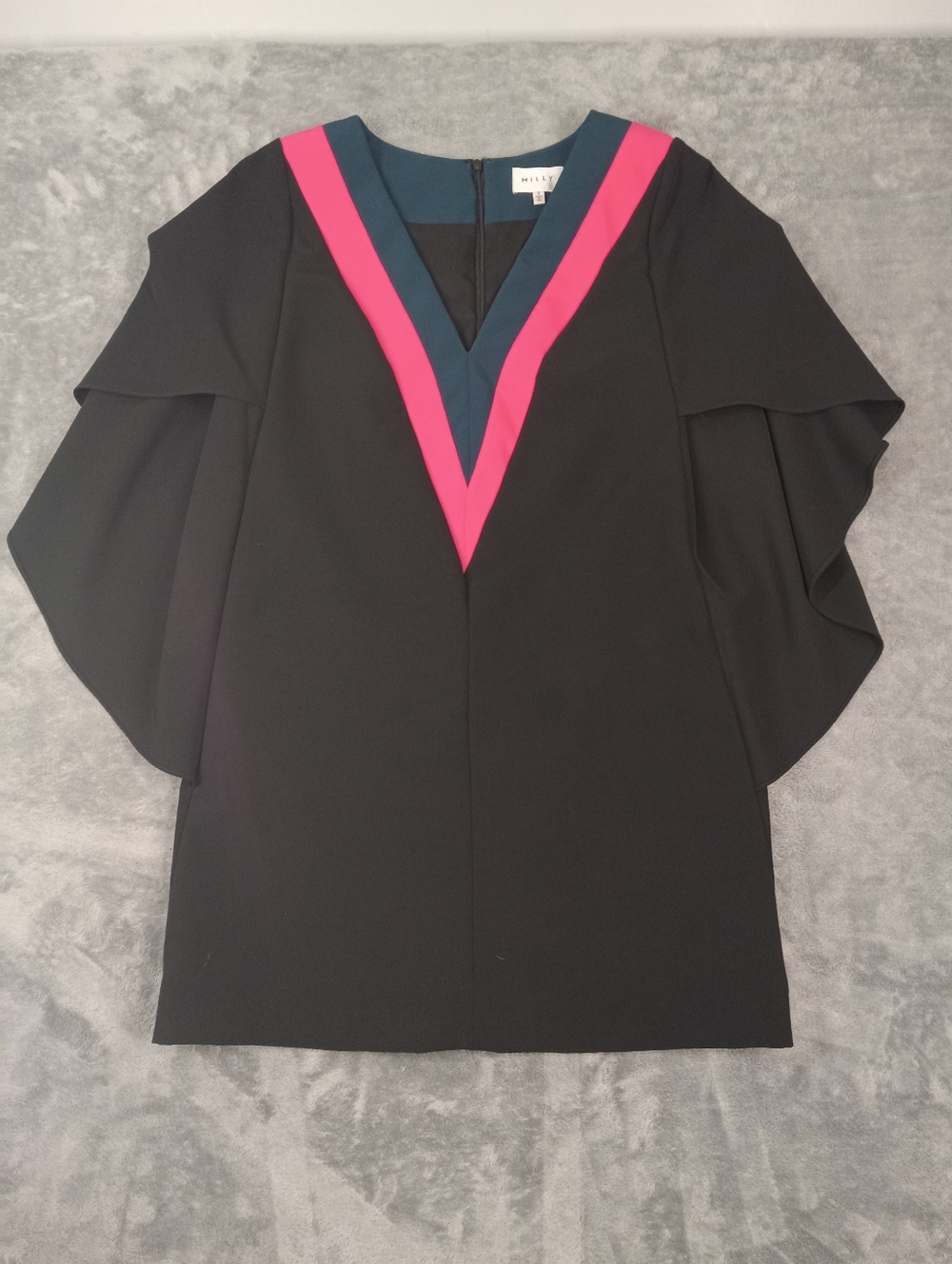 Milly Shift Dress Womens Black Pink Teal Cape Sleeve Colorblock V-Neck Size 6